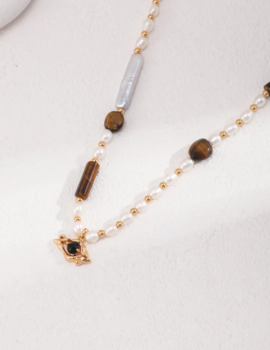 Vintage Gold Pearl Tiger Eye Beaded Necklace with Eye Pendant