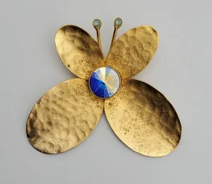 Vintage Hammered Gold Tone Butterfly with Faceted Holographic Foil Brooch