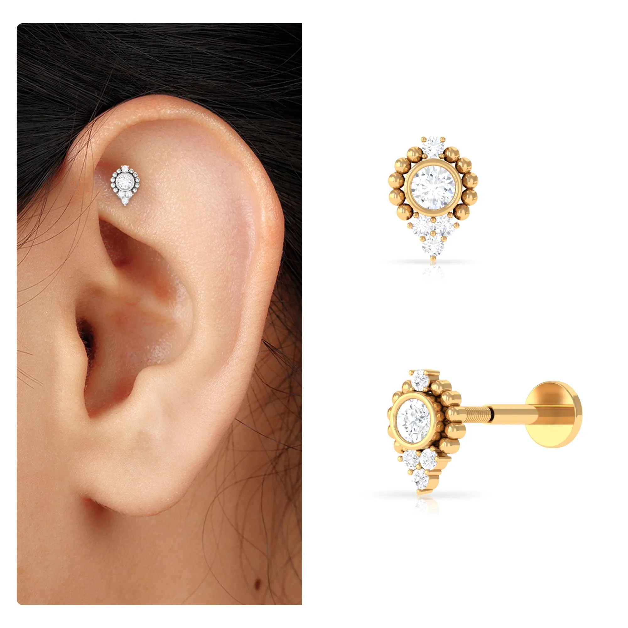 Vintage Inspired Round Moissanite Tragus Earring