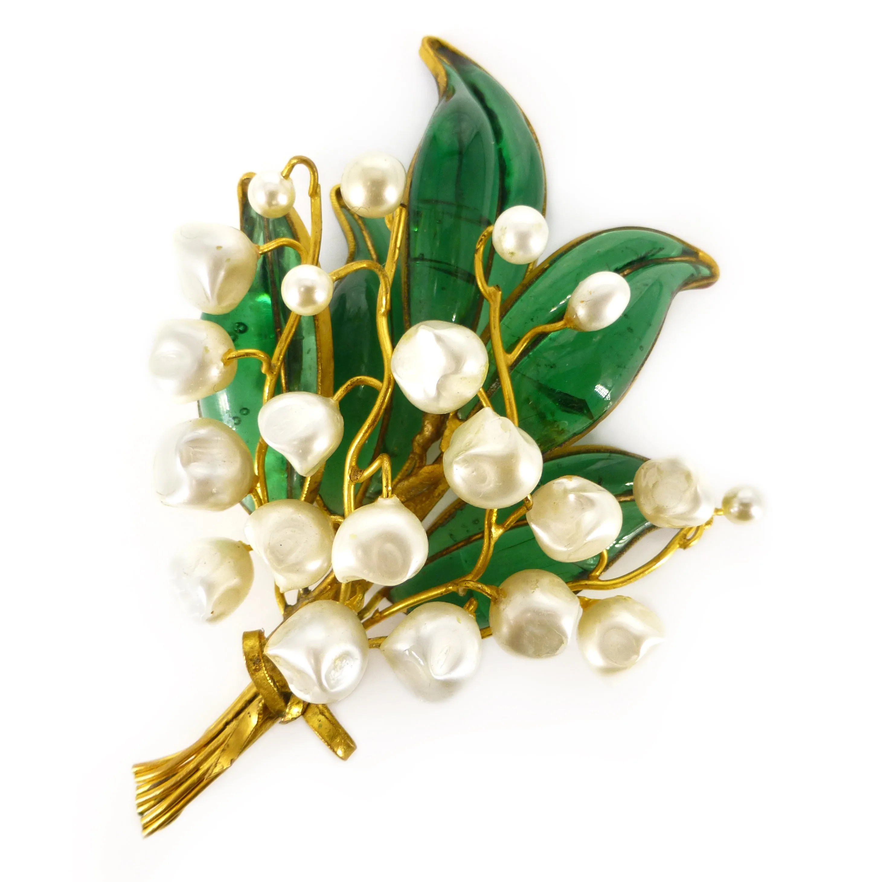 Vintage Mid Century French Lily Of The Valley Gripoix Faux Pearl Brooch