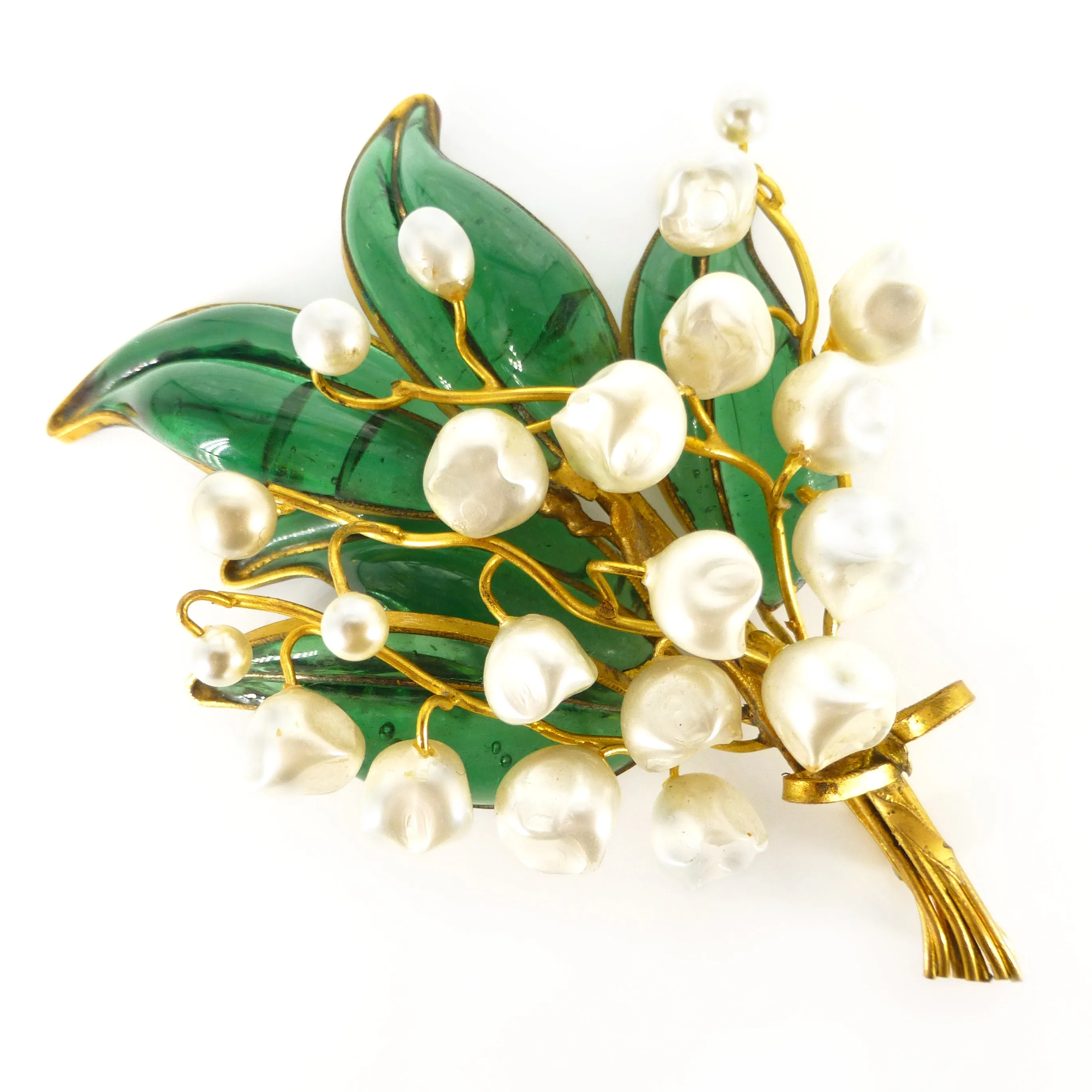 Vintage Mid Century French Lily Of The Valley Gripoix Faux Pearl Brooch