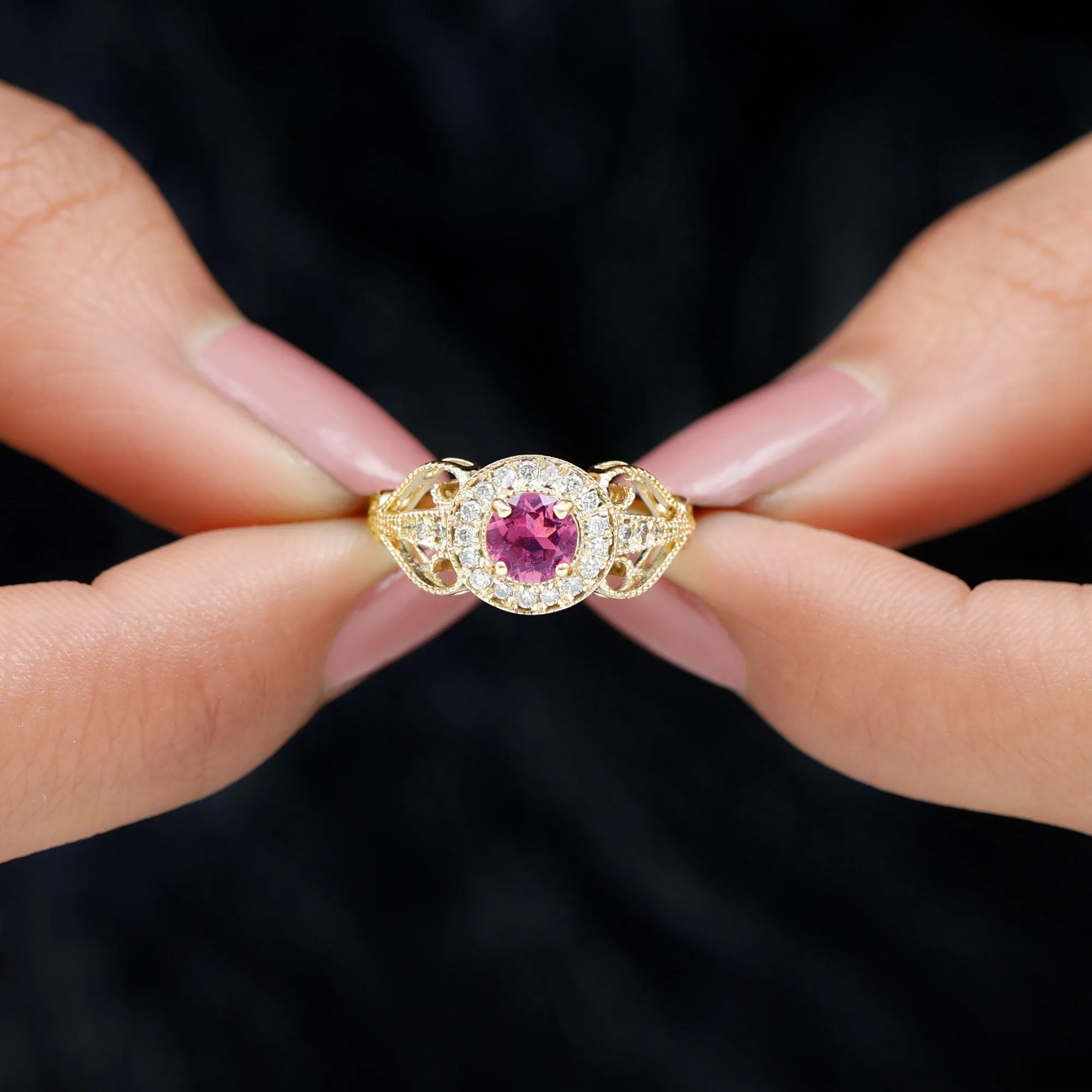 Vintage Pink Tourmaline Diamond Engagement Ring with Gold Beaded Detail