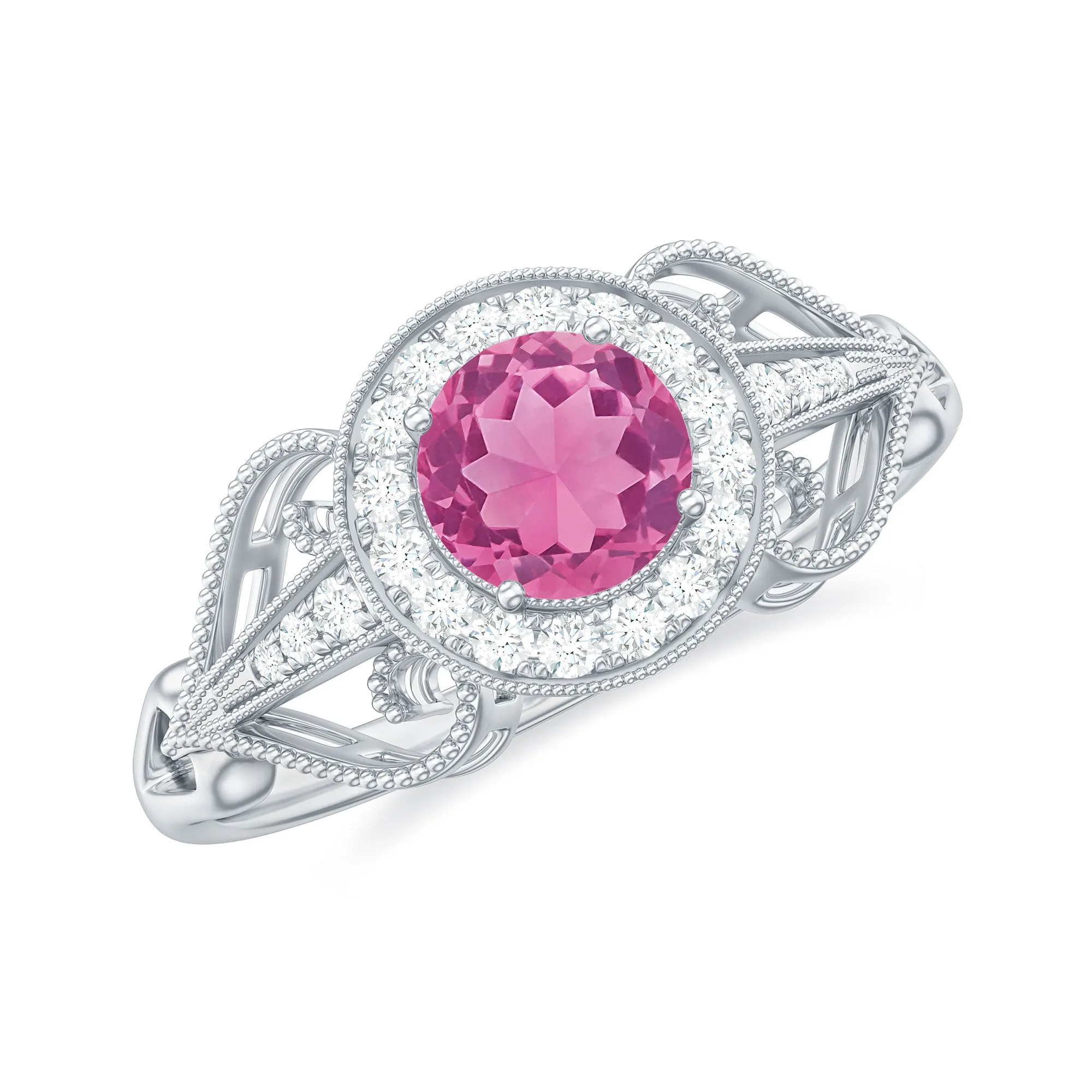 Vintage Pink Tourmaline Diamond Engagement Ring with Gold Beaded Detail