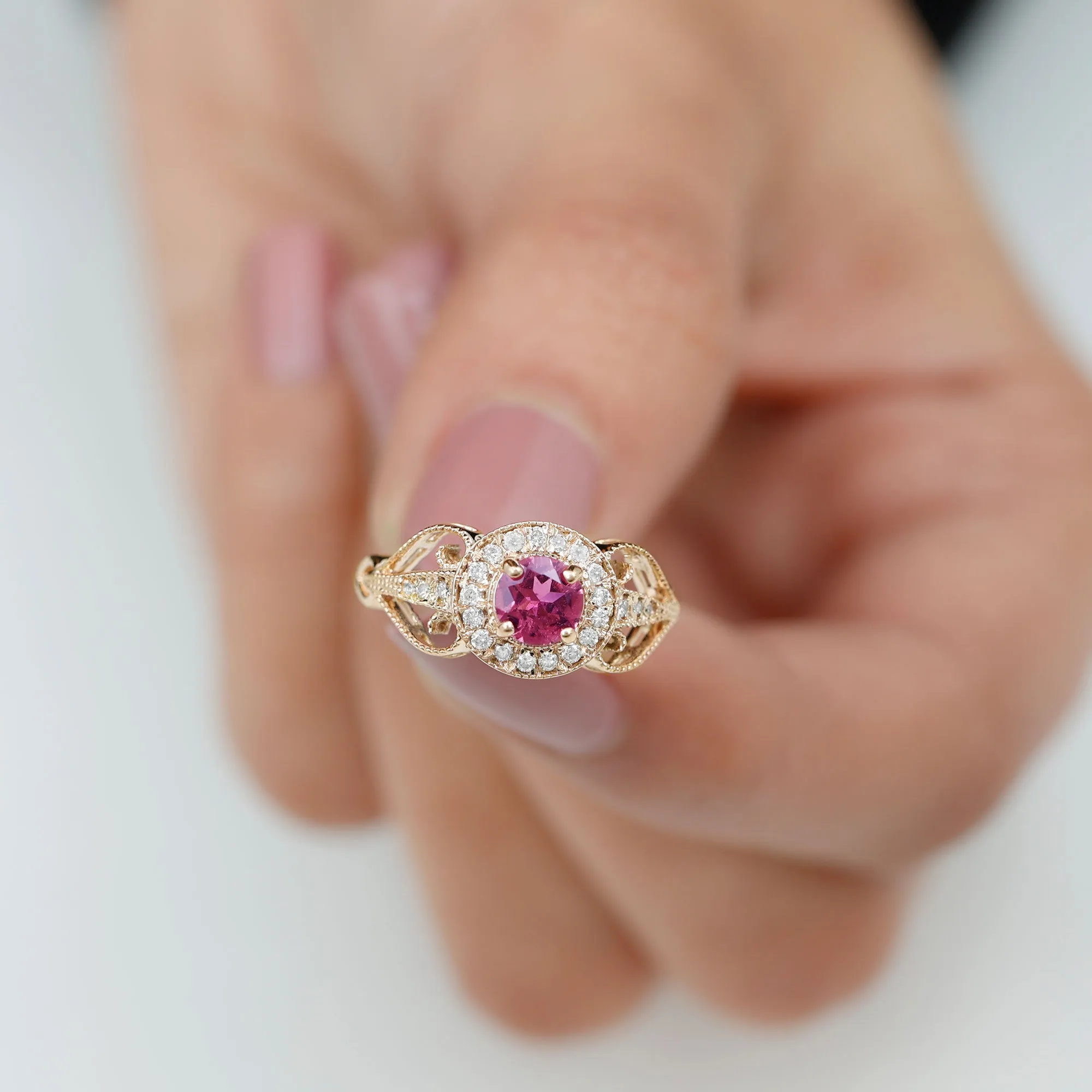 Vintage Pink Tourmaline Diamond Engagement Ring with Gold Beaded Detail