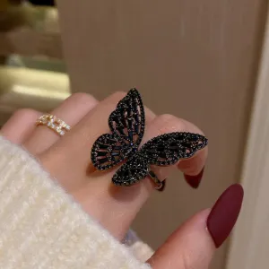 Whimsical Zircon Adorned Black Butterfly Rings