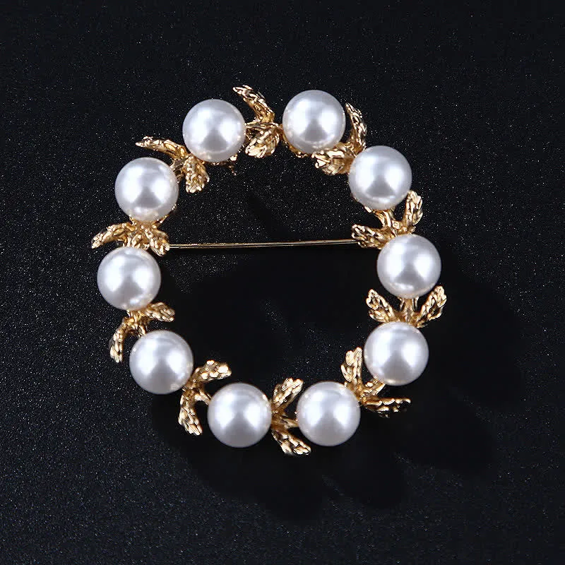 Women's Pearl Leaves Circle Brooch