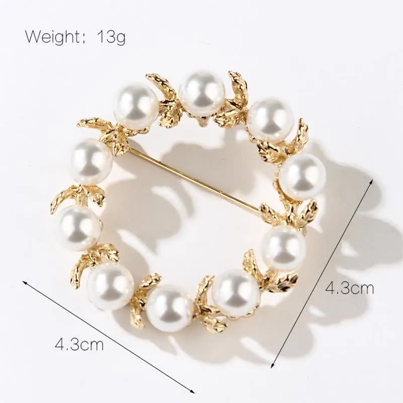 Women's Pearl Leaves Circle Brooch