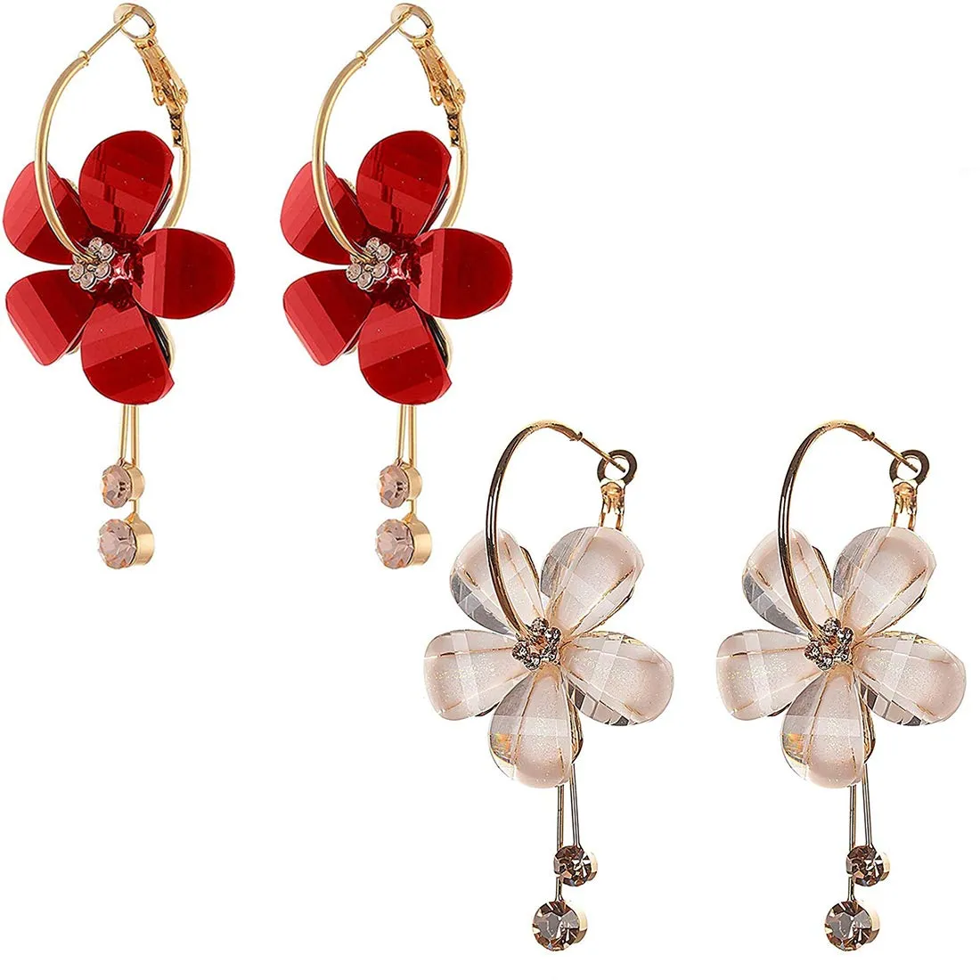 Yellow Chimes Hoop Earrings for Women 2 Pairs Combo Earrings Floral Danglers Red White Hoop Earrings for Women and Girls.