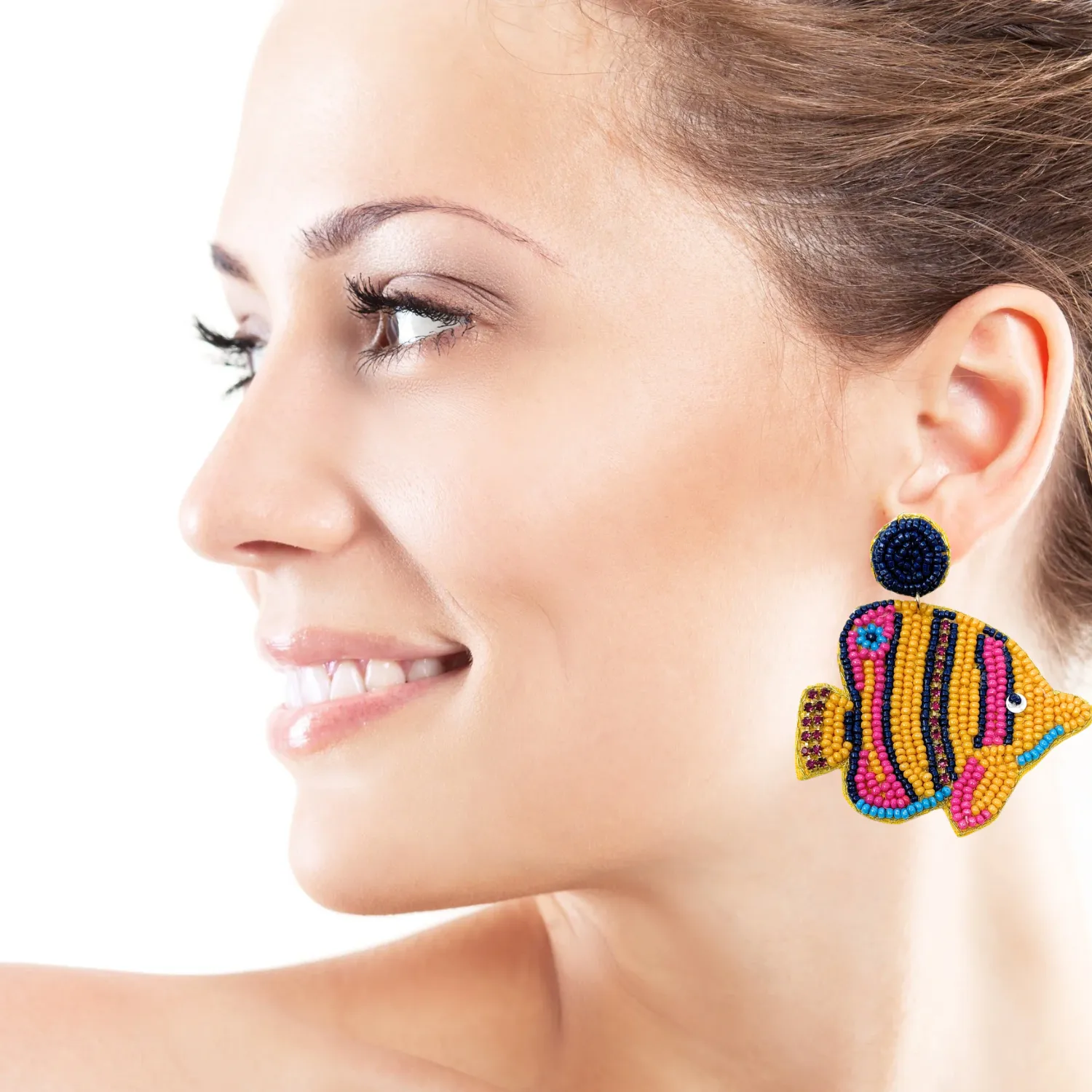 Yellow Pink Fish Beaded Earrings